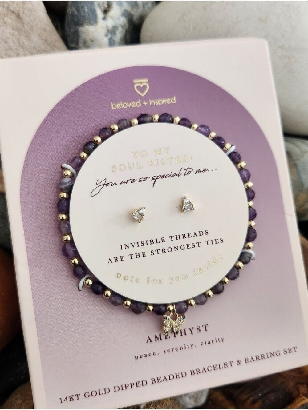 BELOVED + INSPIRED 14KT GOLD DIPPED AMETHYST BEADED BRACELET EARRING SET NWT